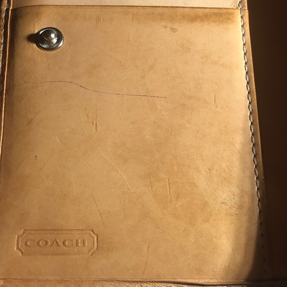 COACH Wallet Brown Canvas Signature Pattern w/ Tan Leather Bifold Medium Compact - Picture 6 of 15